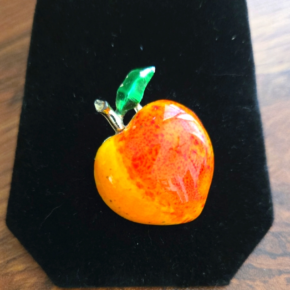 Vtg Beatrix PEACH Brooch Pin-  Vibrant Orange and Green Enamel - Cottagecore